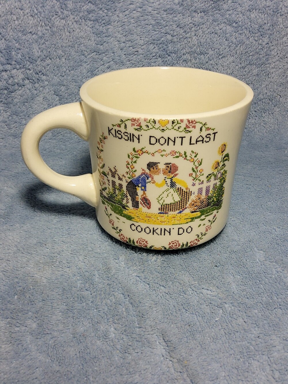 Kissin Don’t Last Cookin Do Mug Cross Stitch Country Coffee Cup Cottagecore